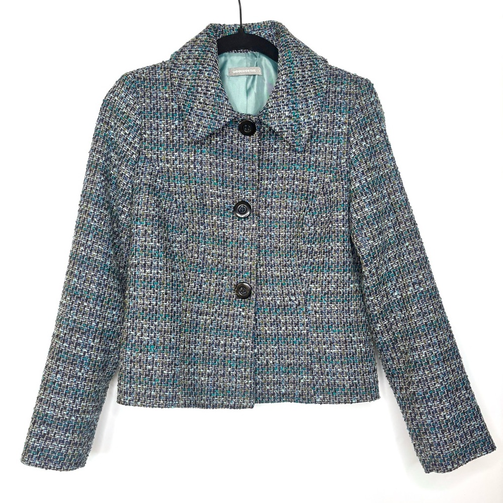 Vintage Woolworth’s Blue Tweed‎ Cropped Wool Blend Button Down Jacket Size 8
